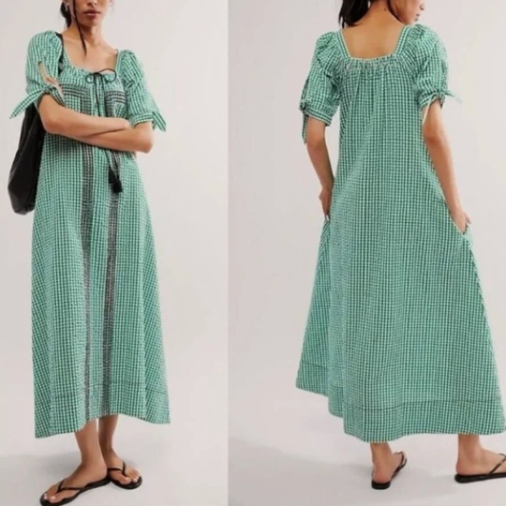 Free People Cass Midi Dress Green White Gingham Boho Stretch Gauze Size Small